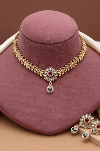 Rani & green color matte gold necklace set
