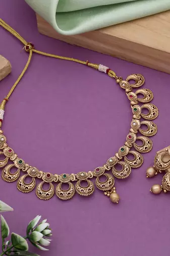 Rani & green color matte gold necklace set