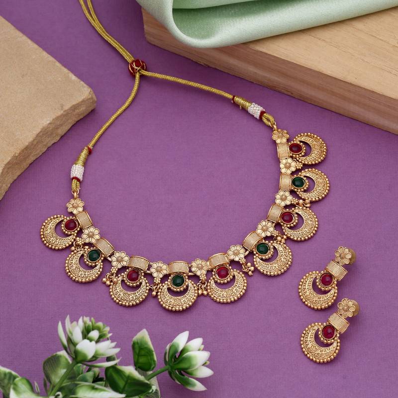 Rani & green color matte gold necklace set