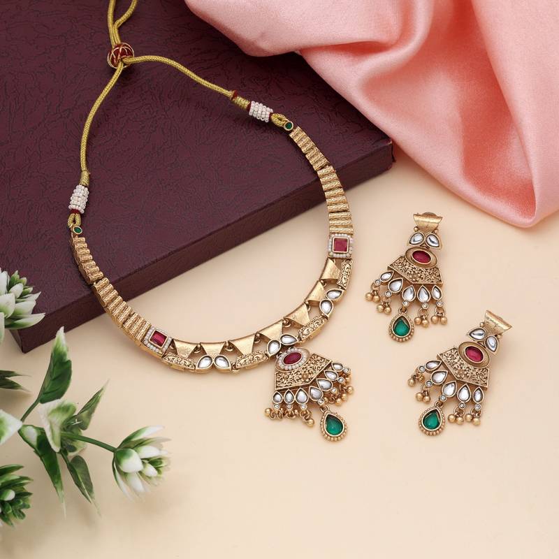 Rani & green color matte gold necklace set