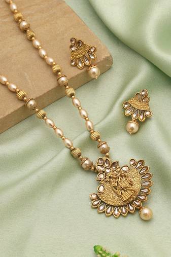 Gold color lord radha krishna matte gold necklace set