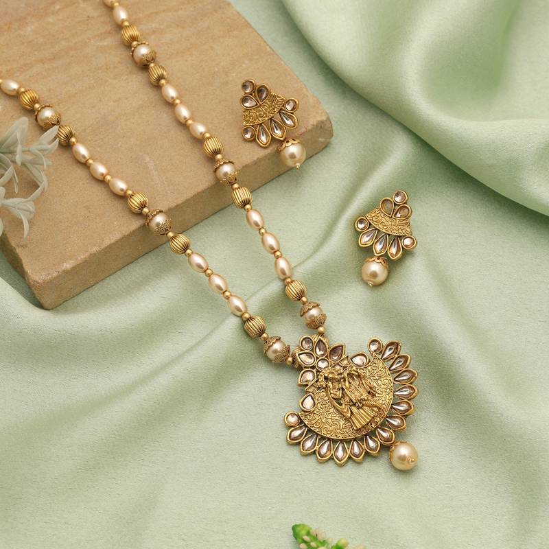 Gold color lord radha krishna matte gold necklace set