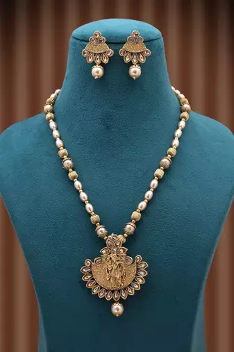 Gold color lord radha krishna matte gold necklace set
