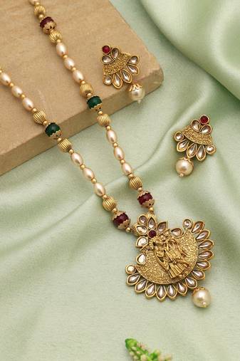 Maroon & green color lord radha krishna matte gold necklace set