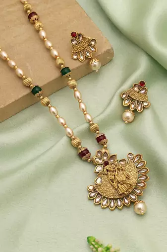 Maroon & green color lord radha krishna matte gold necklace set