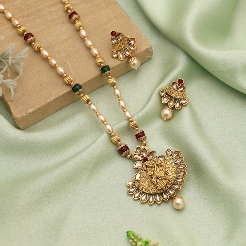 Maroon & green color lord radha krishna matte gold necklace set