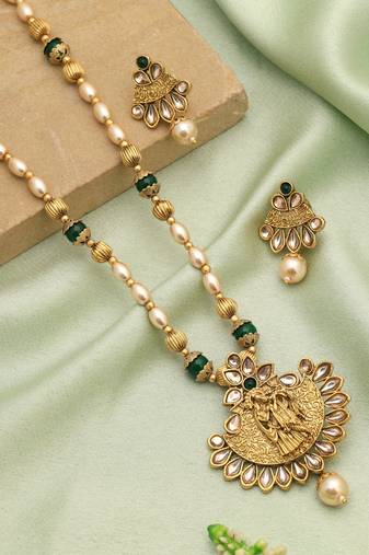 Green color lord radha krishna matte gold necklace set
