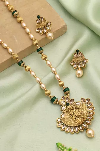 Green color lord radha krishna matte gold necklace set