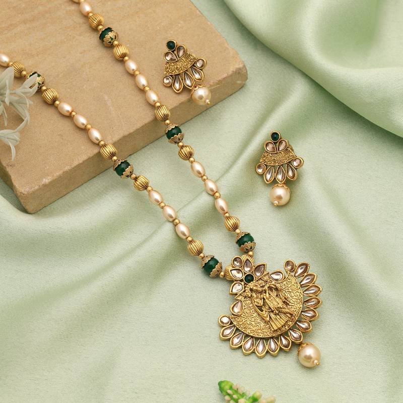 Green color lord radha krishna matte gold necklace set
