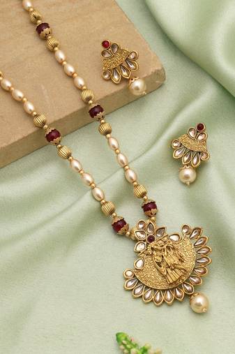 Maroon color lord radha krishna matte gold necklace set