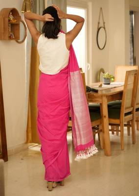 gulabi rhythm handwoven pink striped cotton saree with tassel pallu 3