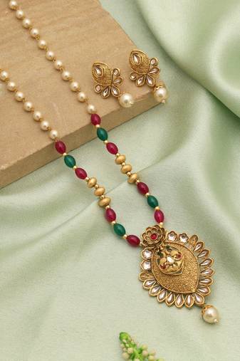 Rani & green color matte gold necklace set