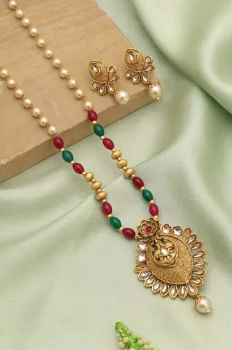 Rani & green color matte gold necklace set
