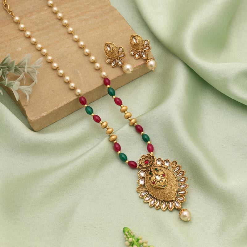 Rani & green color matte gold necklace set