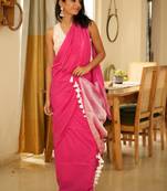 gulabi rhythm handwoven pink striped cotton saree with tassel pallu