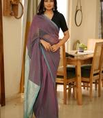 neelakshi handwoven purple & teal striped cotton saree with shimmer pallu