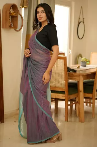 neelakshi handwoven purple & teal striped cotton saree with shimmer pallu