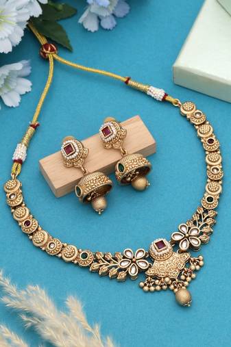 Rani & green color matte gold necklace set