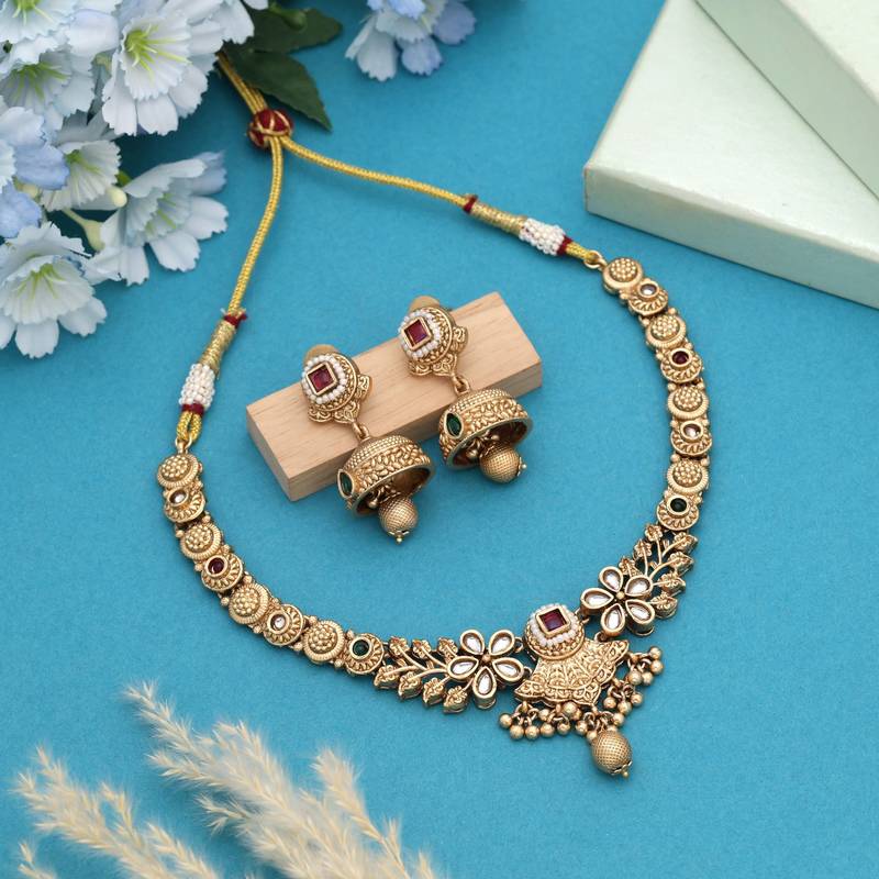 Rani & green color matte gold necklace set