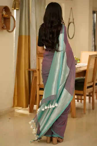 neelakshi handwoven purple & teal striped cotton saree with shimmer pallu
