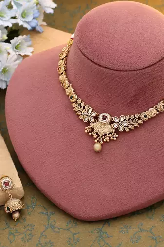 Rani & green color matte gold necklace set
