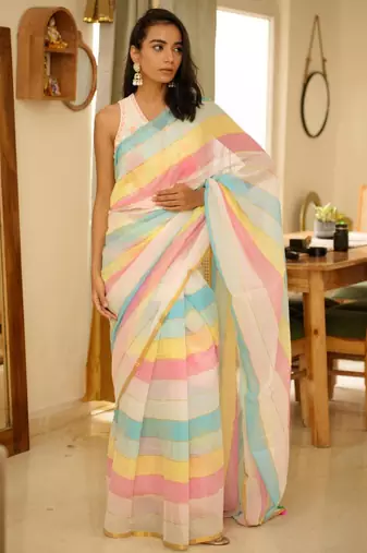 pastel rainbow handwoven mul cotton saree