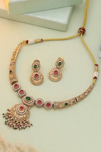 Rani & green color matte gold necklace set