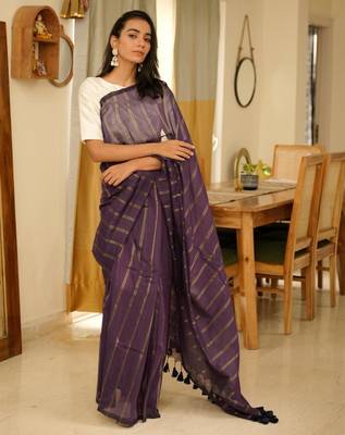 purple mul cotton saree with zari stripes & tassel pallu 2
