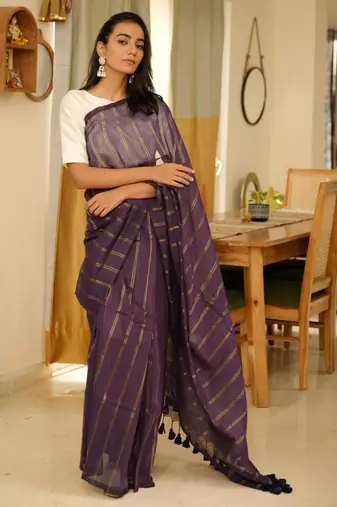 purple mul cotton saree with zari stripes & tassel pallu