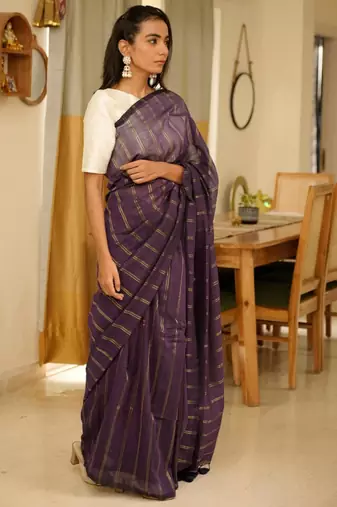 purple mul cotton saree with zari stripes & tassel pallu