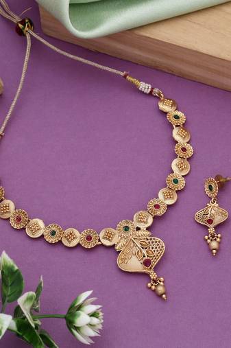 Rani & green color matte gold necklace set