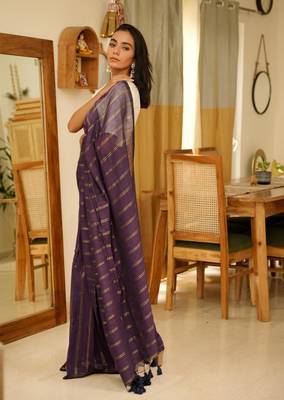 purple mul cotton saree with zari stripes & tassel pallu 4
