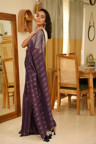 purple mul cotton saree with zari stripes & tassel pallu