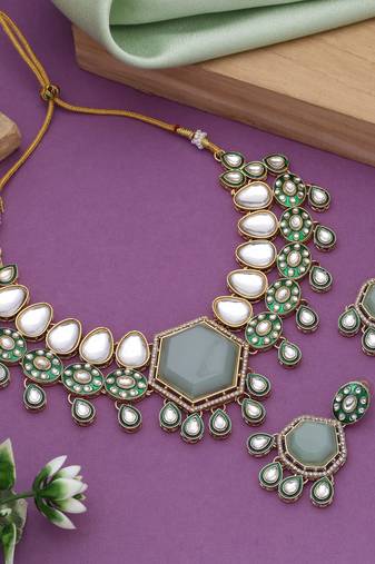 Pista green color kundan necklace set
