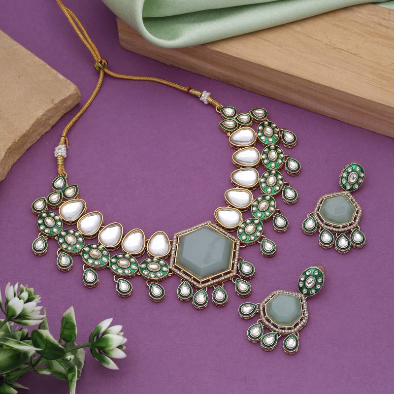 Pista green color kundan necklace set