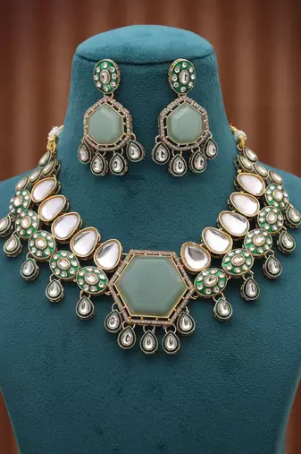 Pista green color kundan necklace set