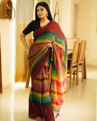 red palettes maroon mul cotton saree with striped checked pallu 1