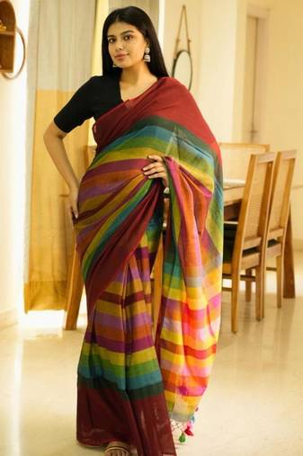 red palettes maroon mul cotton saree with striped checked pallu