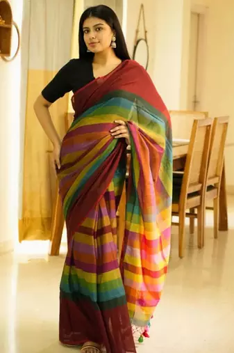 red palettes maroon mul cotton saree with striped checked pallu