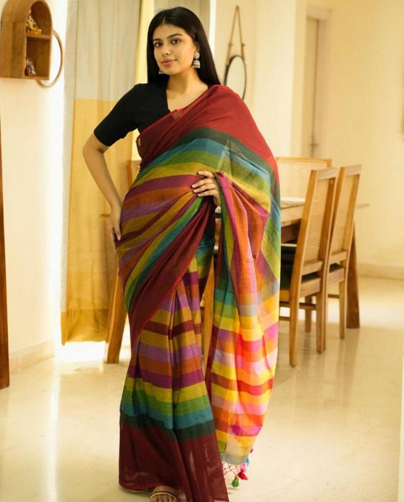 red palettes maroon mul cotton saree with striped checked pallu