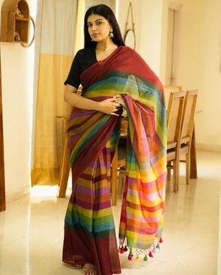 red palettes maroon mul cotton saree with striped checked pallu 2