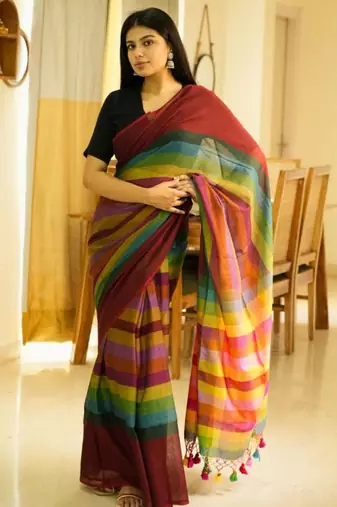 red palettes maroon mul cotton saree with striped checked pallu