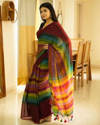 red palettes maroon mul cotton saree with striped checked pallu 3