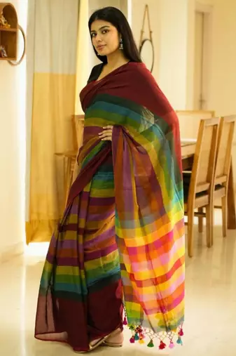 red palettes maroon mul cotton saree with striped checked pallu