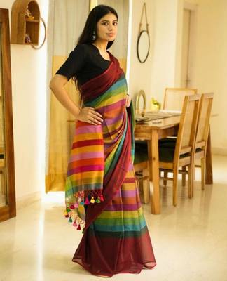 red palettes maroon mul cotton saree with striped checked pallu 4