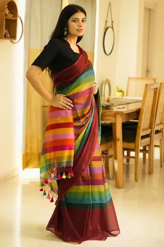 red palettes maroon mul cotton saree with striped checked pallu
