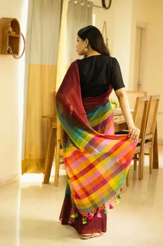 red palettes maroon mul cotton saree with striped checked pallu