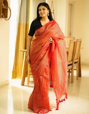 golden whisper red mul cotton saree with zari stripes 1