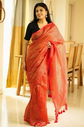 golden whisper red mul cotton saree with zari stripes