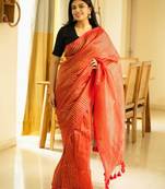 golden whisper red mul cotton saree with zari stripes
